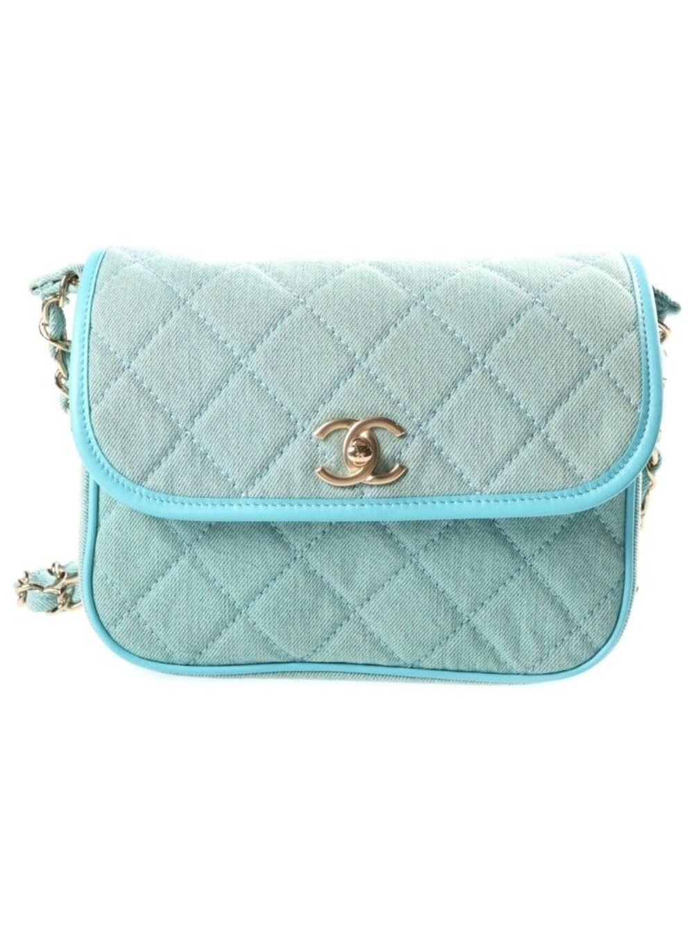 Chanel CC Logo Quilted Chain Shoulder Bag Light Blue Canvas Leather Gold